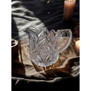 Vintage Cut Crystal Creamer Pitcher Diamond Fan Scalloped Rim Elegant Serving